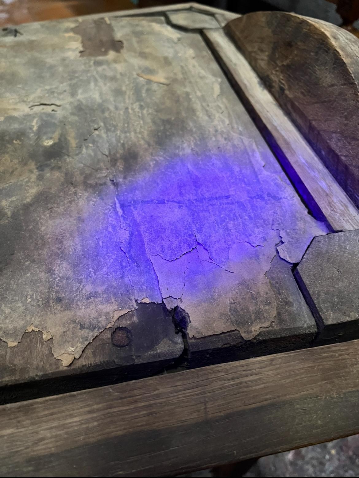 A close-up of the surface under UV light, showing the hidden structure of bone glue and fibers