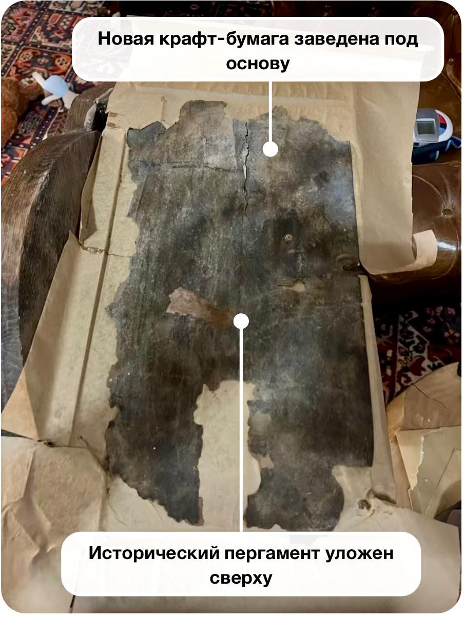 A diagram of the method: new kraft paper fed in underneath, the original parchment laid on top