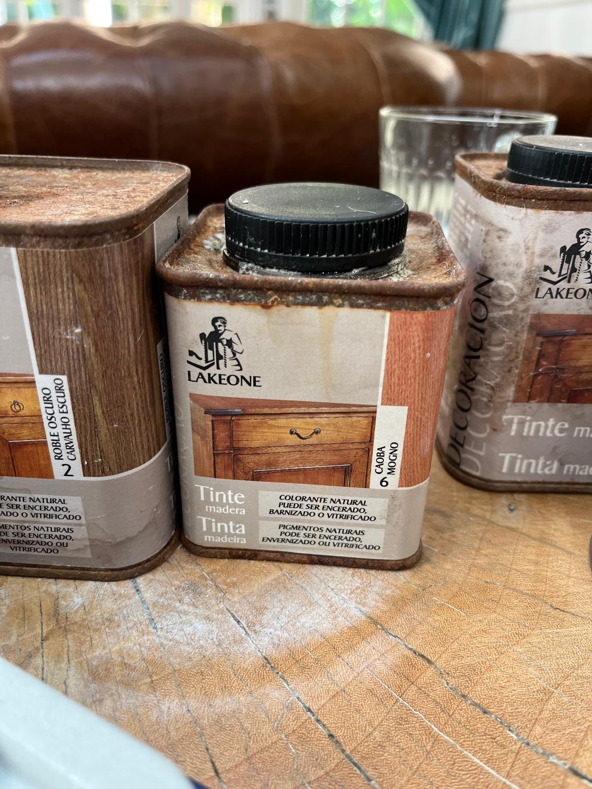 The Lakeone stain tins used in the work — No. 2 Roble Oscuro and Caoba