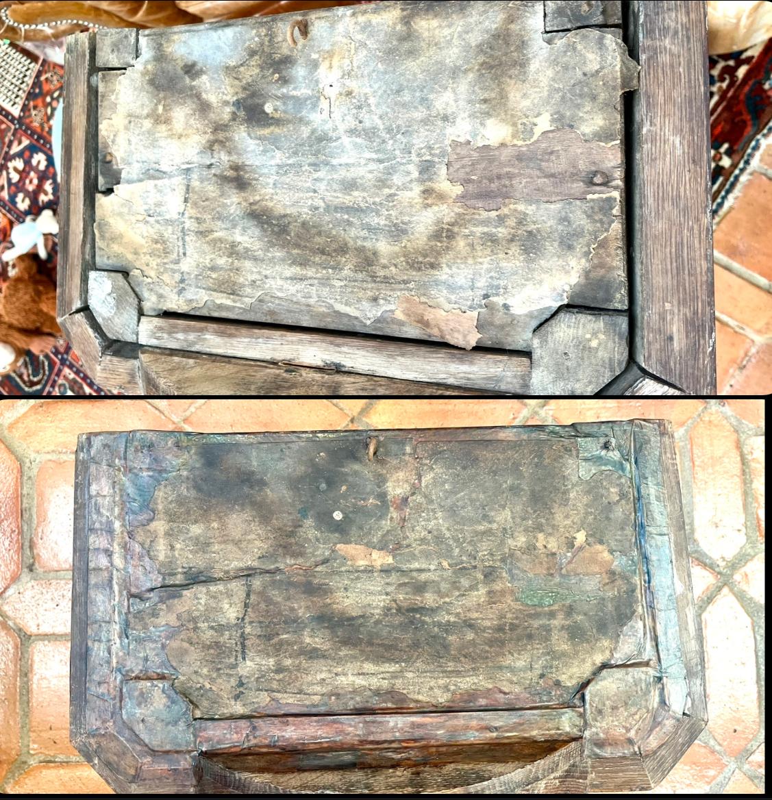 Before-and-after collage of the hood roof's soot-blackened paper shell conservation