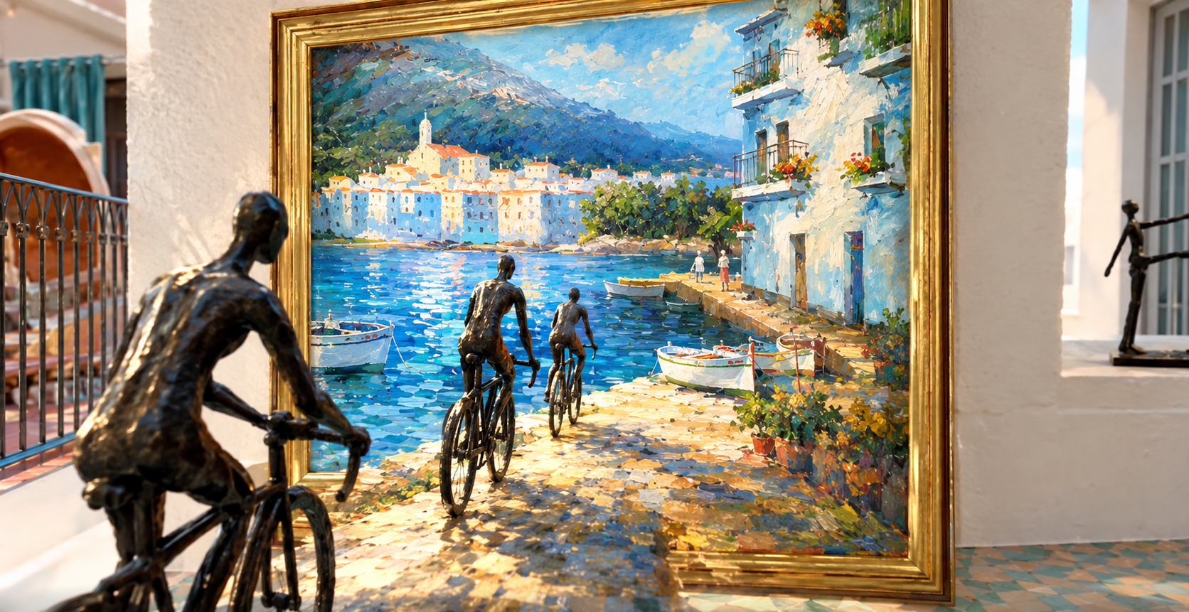Cyclists frozen before a painting of the Cadaqués harbor