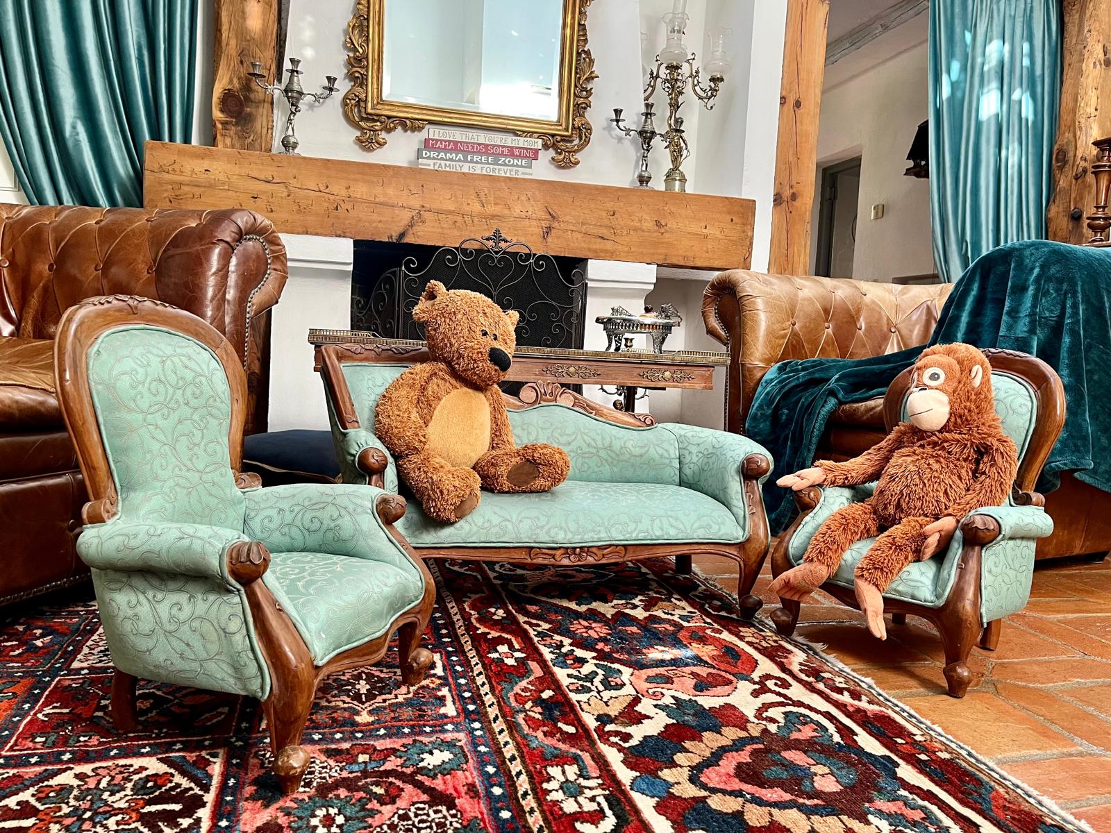 Bear and the monkey Dolce sitting together in the Home’s living room