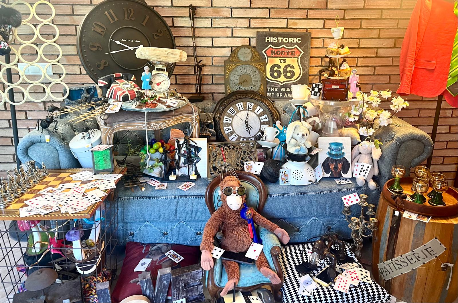 Dolce the monkey in the armchair, surrounded by the Home’s antique things