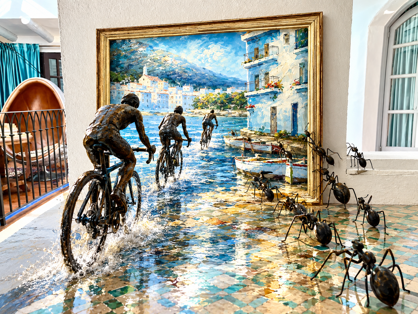 The Mediterranean wave from the painting floods the tile floor by the stairs — ChatGPT's version